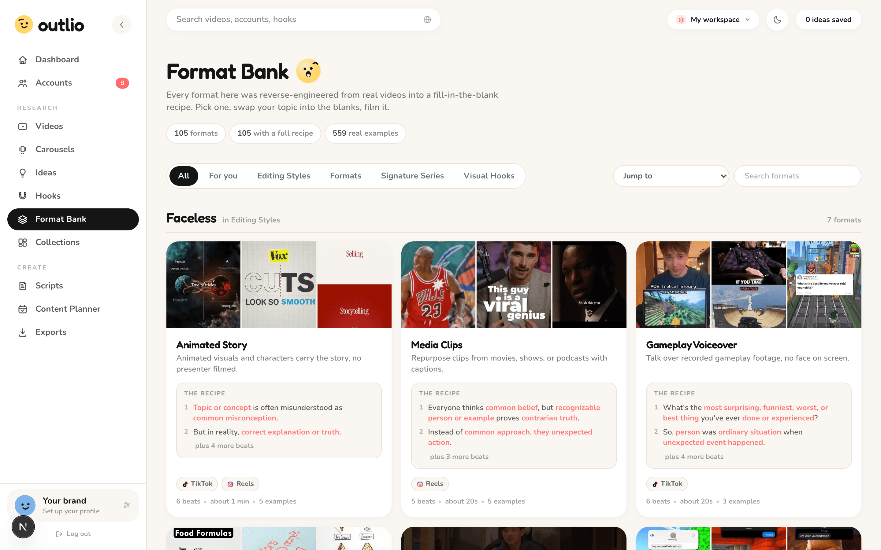 The Outlio Format Bank: proven short-form formats with real example videos