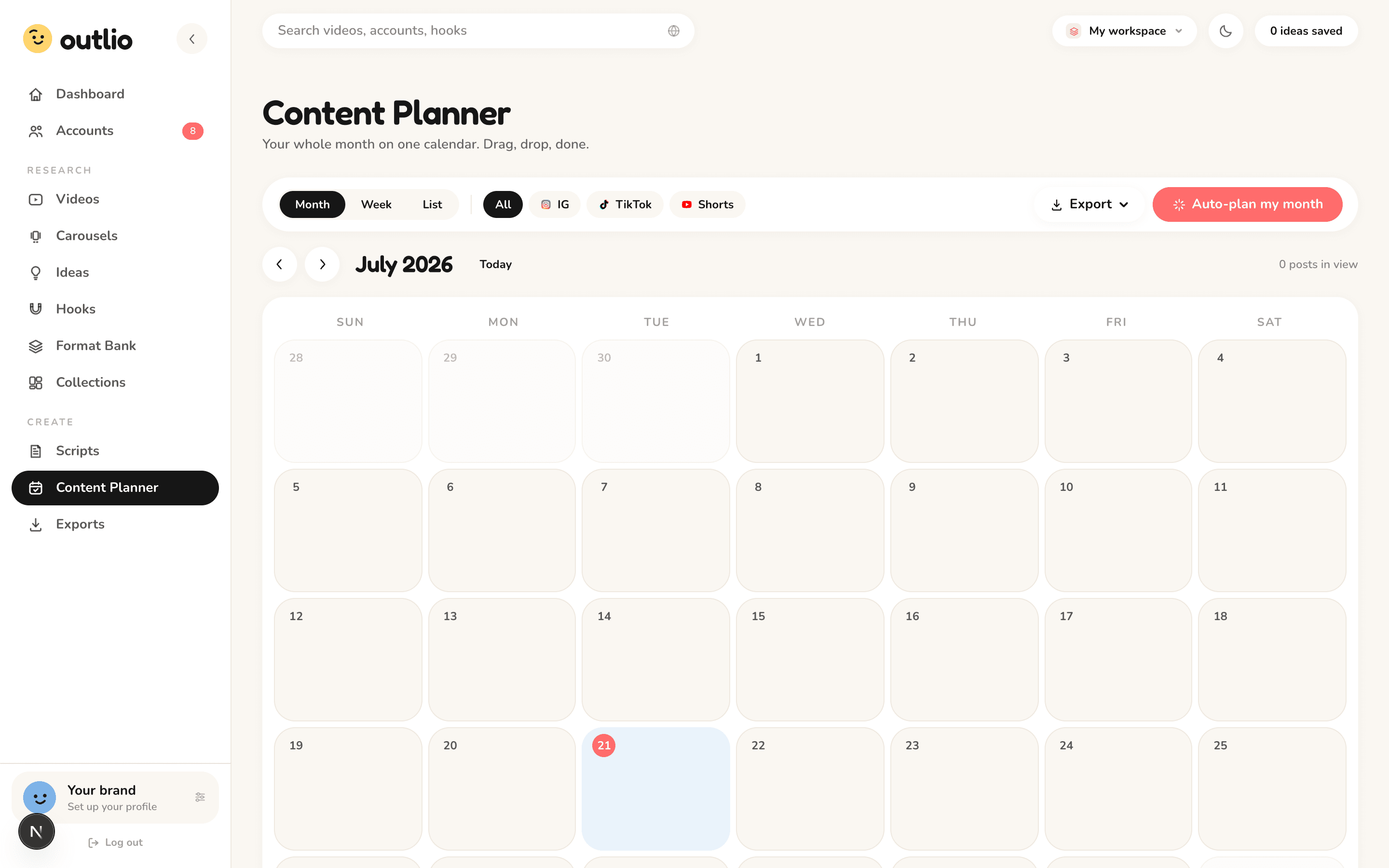 The Outlio Content Planner calendar with scheduled posts
