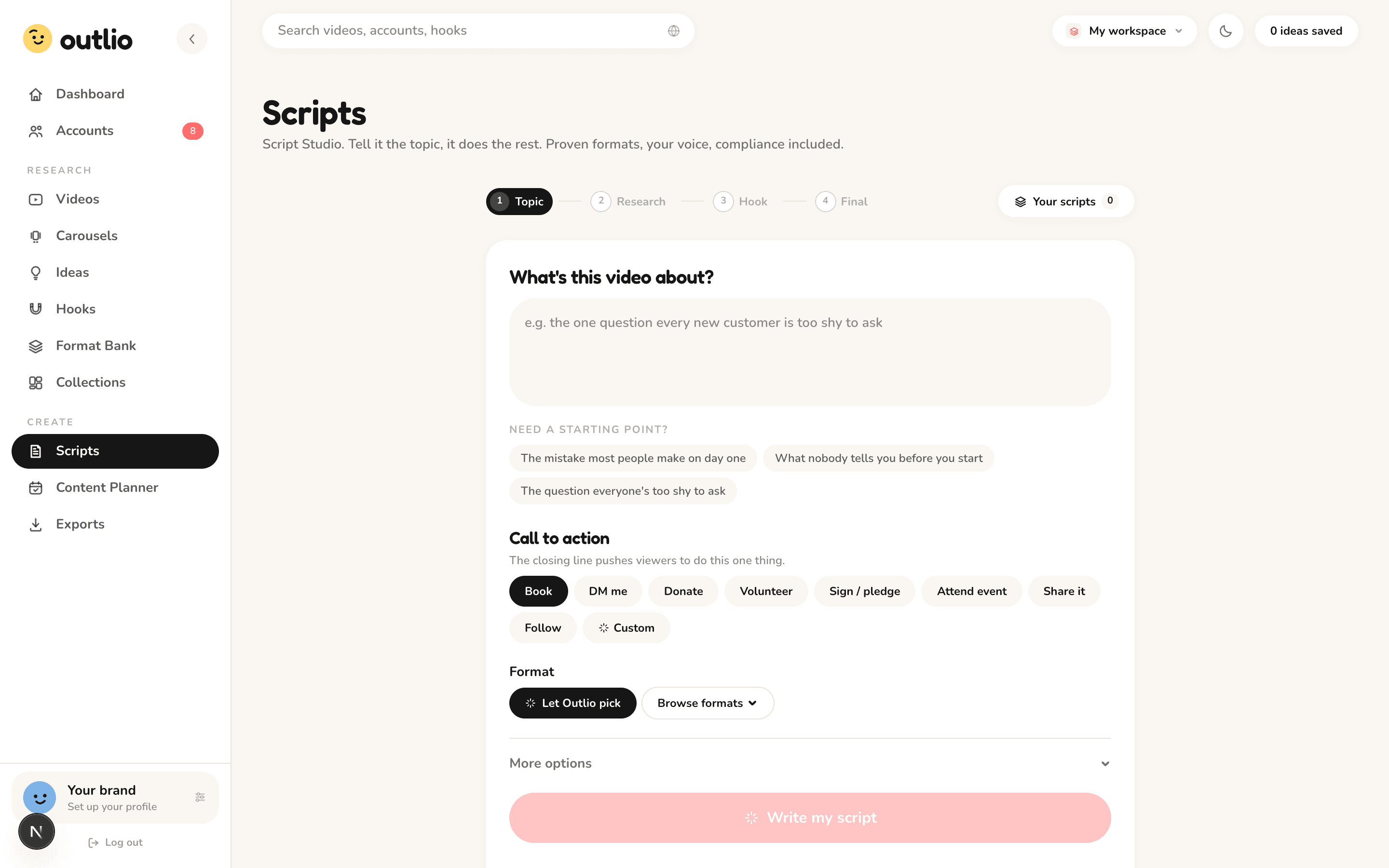 Outlio Scripts: writing a short-form script in the brand's voice